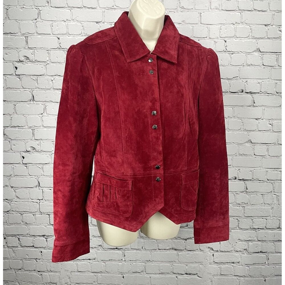Saguaro Red Leather Suede Jacket Snap Puff Sleeve Pocket Lined Size Large L
